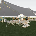 Outdoor Event Tent Setup With Grass Field Long Tables Chairs And String Lights 3d model