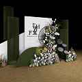 Wedding Decor Setup With Green Pillars White Backdrop Flower Decorations And Circular Ornaments 3d model