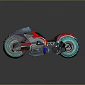 Futuristic Blue and Red Motorcycle with Sleek Design and Transparent Glowing Wheels