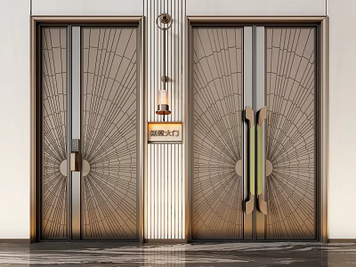Elegant Modern Front Doors With Geometric Patterns Brass Handles And Sconce Light Design 3d model