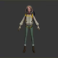 Sci Fi Weapon Backpack With Yellow Straps On Astronaut Character Model In White Jacket Green Pants