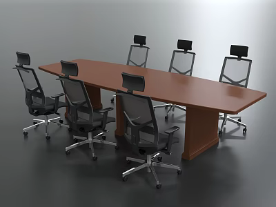 Long Rectangular Modern Wooden Conference Table With Ergonomic Mesh Back Office Chairs On Casters 3d model