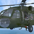 Green Military Helicopter Flying With Landing Gear Down Over Ocean Under Blue Sky
