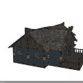 Ancient Traditional Building With Thatch Roof Wooden Walls Detailed Porch And Interior Multiple Views