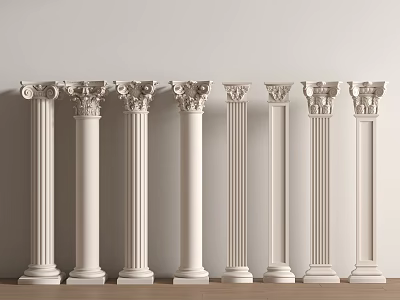White Classical Columns With Various Detailed Capitals Arranged In A Row 3d model