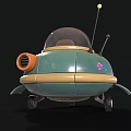 Cartoon Flying Saucer With Blue Yellow Design Transparent Dome Bottom Wheels And Small Antenna