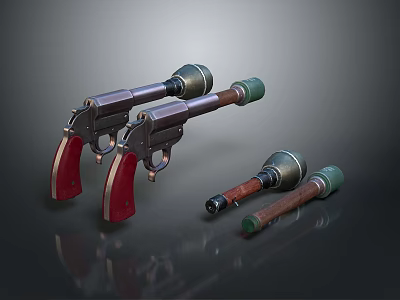 Vintage Revolvers With Red Grips Metal Barrels Green Tips And Wooden Handle Barrel Attachments 3d model