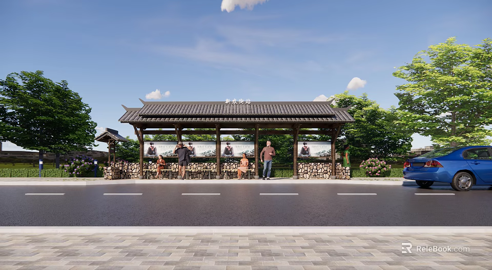 Roadside Bus Shelter Featuring Tiled Roof Information Boards Green Trees and Passenger Area 3d model 