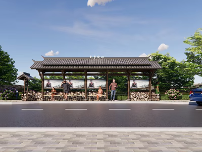 Roadside Bus Shelter Featuring Tiled Roof Information Boards Green Trees and Passenger Area 3d model