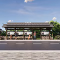 Roadside Bus Shelter Featuring Tiled Roof Information Boards Green Trees and Passenger Area