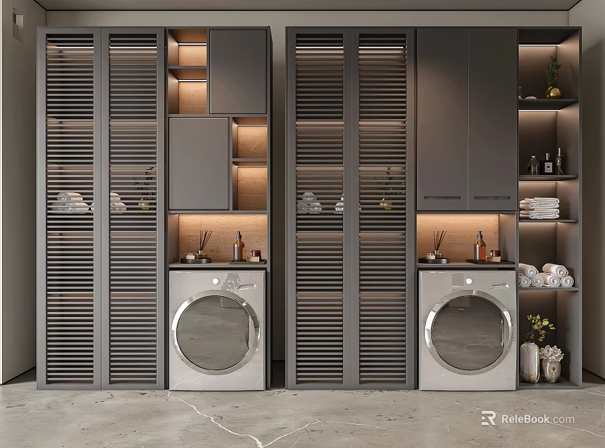 Modern Gray Bathroom Cabinet Rack With Slatted Doors Washing Machine And Storage Shelves 3d model 