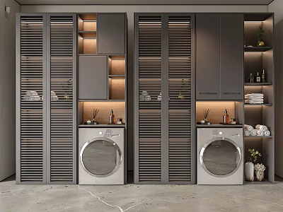 Modern Gray Bathroom Cabinet Rack With Slatted Doors Washing Machine And Storage Shelves 3d model