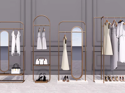 Modern Golden Metal Clothes Racks for Retail Display with Hanging Dresses Mirrors and Accessories 3d model