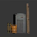 Gray Industrial Units With Yellow Safety Rails And Wooden Fence Panels Plus Orange Barrel