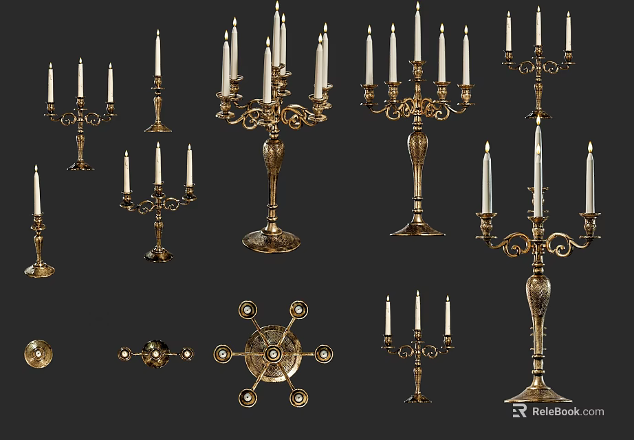 Golden Ornamental Decor Set With Various Candle Holder Designs And Ornate Details 3d model 