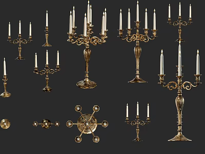 Golden Ornamental Decor Set With Various Candle Holder Designs And Ornate Details 3d model