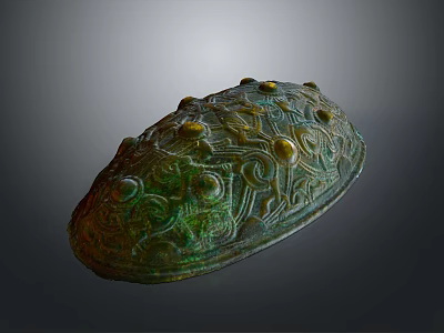 Ancient Bronze Sculpture With Intricate Carved Patterns And Protruding Decorative Studs 3d model