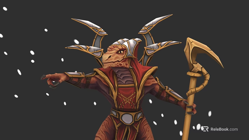 Mythical Lizard Character In Red Gold Armor Holding Ornate Staff With Snowflakes 3d model 