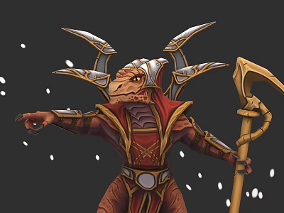 Mythical Lizard Character In Red Gold Armor Holding Ornate Staff With Snowflakes 3d model