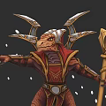 Mythical Lizard Character In Red Gold Armor Holding Ornate Staff With Snowflakes