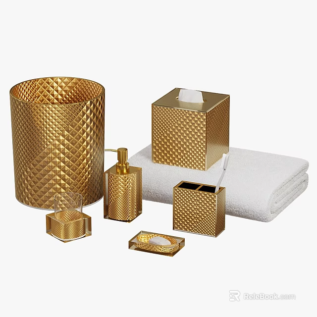 Golden Textured Bathroom Essentials Set With Soap Dispenser Tissue Box And Towel 3d model 