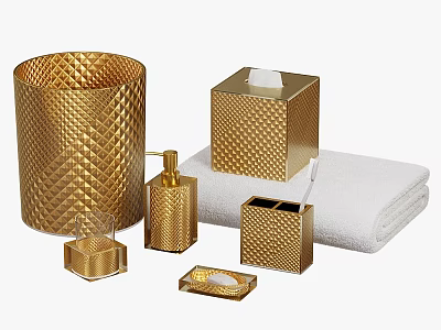 Golden Textured Bathroom Essentials Set With Soap Dispenser Tissue Box And Towel 3d model