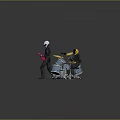 Two Futuristic Suited Characters Playing Red Electric Guitar And Blue Drum Set Against Gray Background