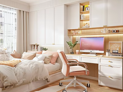 Modern Tatami Bedroom Interior With Tatami Bed Multiple Pillows Desk Computer And White Cabinets 3d model