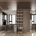 Modern Living Dining Room Interior Design With Marble Floor Ceiling Lights And Glass Partitions