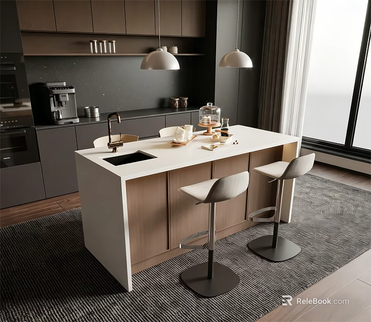 Modern Gray Kitchen Interior With White Island Countertop Wooden Cabinets And Bar Stools 3d model 