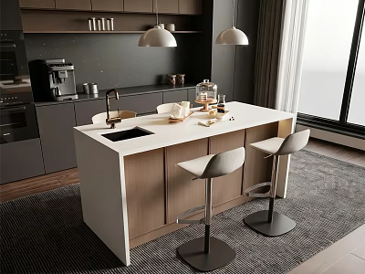 Modern Gray Kitchen Interior With White Island Countertop Wooden Cabinets And Bar Stools 3d model