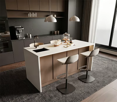 Modern Gray Kitchen Interior With White Island Countertop Wooden Cabinets And Bar Stools 3d model