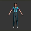 3D Character Model Wearing Blue Suspenders Pants Patterned T Shirt Purple Pink Sleeves Sneakers