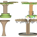 Decorative Wooden Pillars with Various Layered Green Platforms and Hanging Ball Decorations