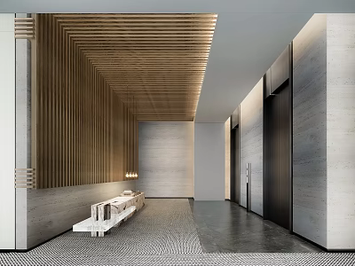 Modern Elevator Lobby With Wooden Slatted Walls Light Stone Bench And Ceiling 3d model