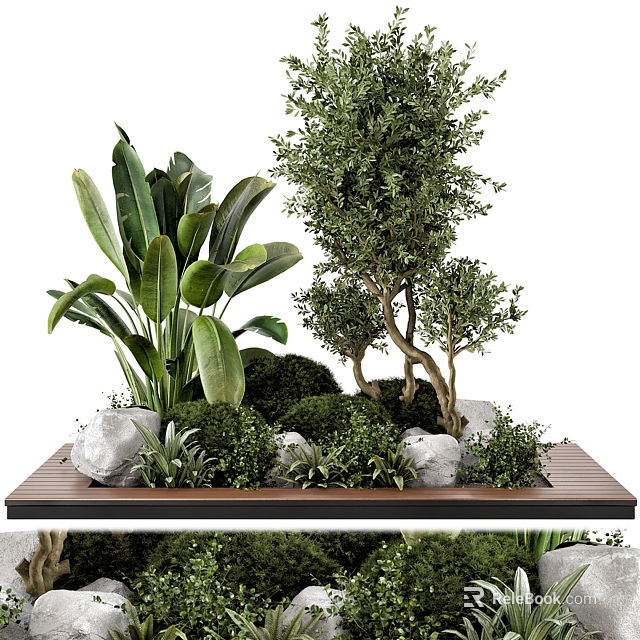 Lush Natural Tree Planter With Various Trees Green Plants Decorative Stones And Wooden Base 3d model 