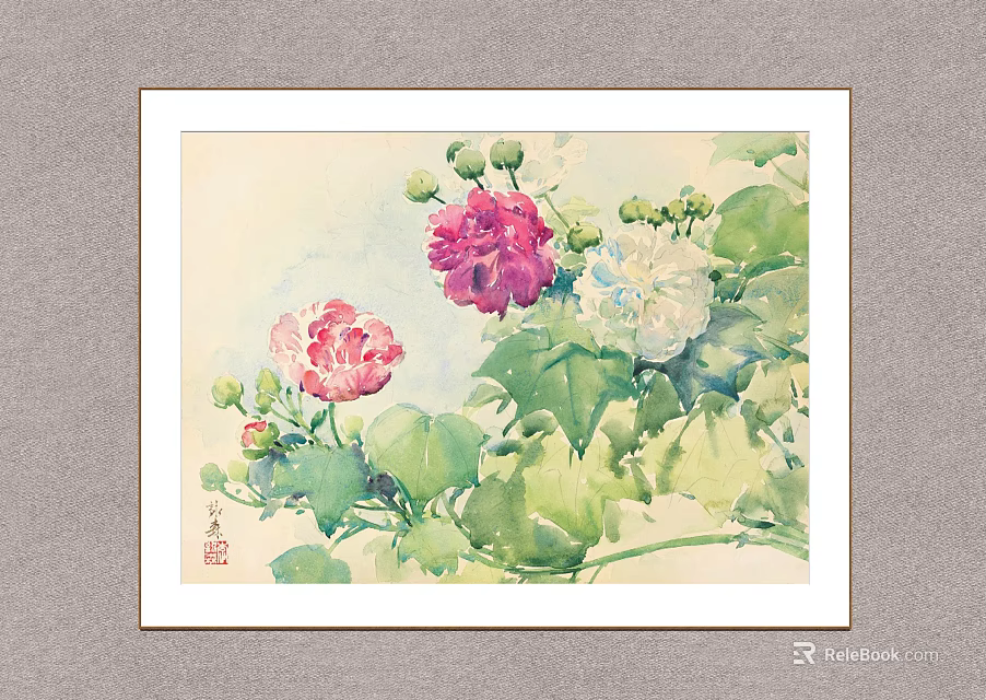 Framed Watercolor Painting With Colorful Hibiscus Flowers And Green Leaves 3d model 