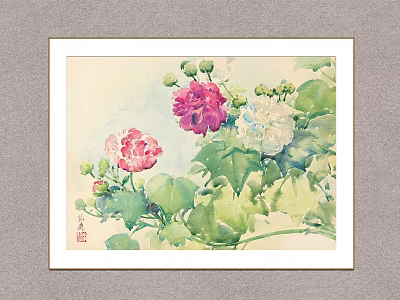 Framed Watercolor Painting With Colorful Hibiscus Flowers And Green Leaves 3d model