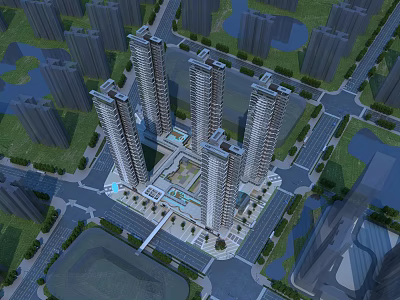 Modern Commercial Street With Surrounding Tall Buildings Central Plaza And Green Areas 3d model