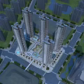 Modern Commercial Street With Surrounding Tall Buildings Central Plaza And Green Areas
