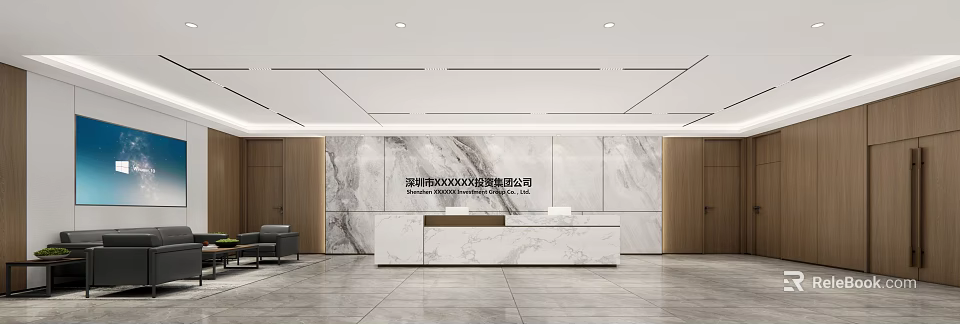 Modern Spacious Office Reception Desk With White Counter Marble Wall And Wooden Panels 3d model 