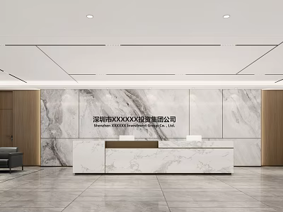 Modern Spacious Office Reception Desk With White Counter Marble Wall And Wooden Panels 3d model