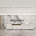 Modern Spacious Office Reception Desk With White Counter Marble Wall And Wooden Panels