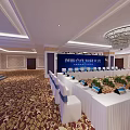 Large Conference Hall Setup With Long Tables White Chairs And Digital Screens