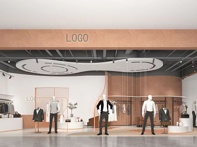 Modern Minimalist Clothing Store Interior With Wooden Ceiling Circular Decorations And Mannequins In Shirts Suits 3d model