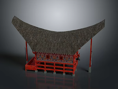Traditional Architectural Model with Curved Thatched Roof and Red Wooden Structure 3d model
