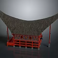 Traditional Architectural Model with Curved Thatched Roof and Red Wooden Structure