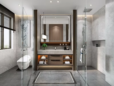 Modern Public Restroom Interior Design With Washbasin Mirror Toilet And Stone Walls 3d model