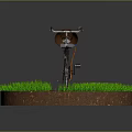 Vintage Bicycle with Brown Seat and Basket Standing on Green Grass Circular Dirt Platform