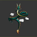 Green Dragon With Yellow Horns And Green Body Surrounded By Clouds And Orange Flame Tail